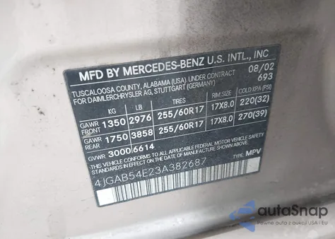 2003 Mercedes-Benz Ml 320 from USA, damaged, VIN 4JGAB54E23A382687